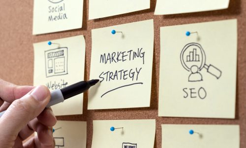 Marketing strategy planning with keywords and icons for business success concept
